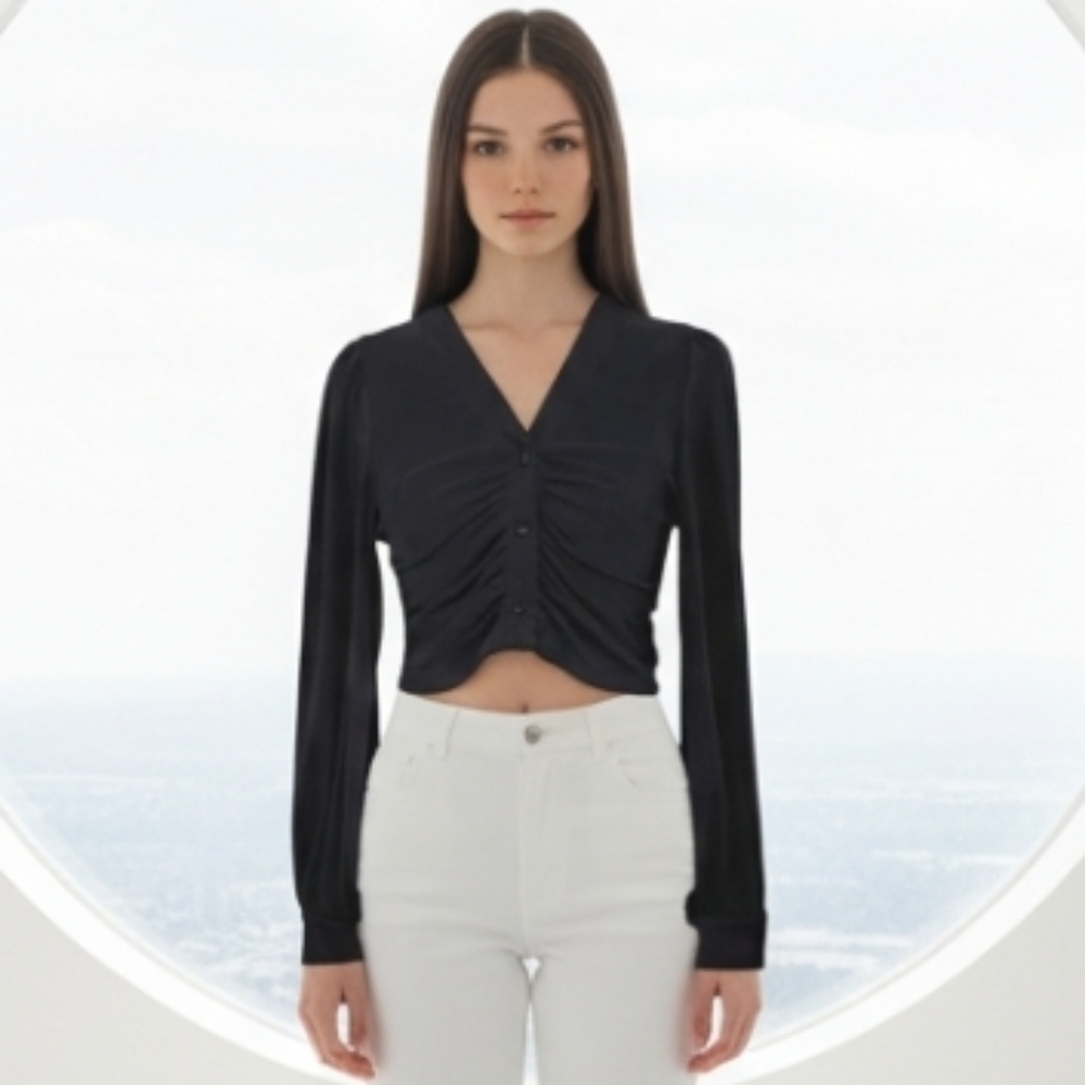 Sky To Moon Black V-Neck Crop Top Button Front Rushing Detail Y2K Size Small